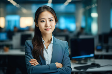 Chinese woman plays in design studio. Asian employee stands in office co-working, copyspace