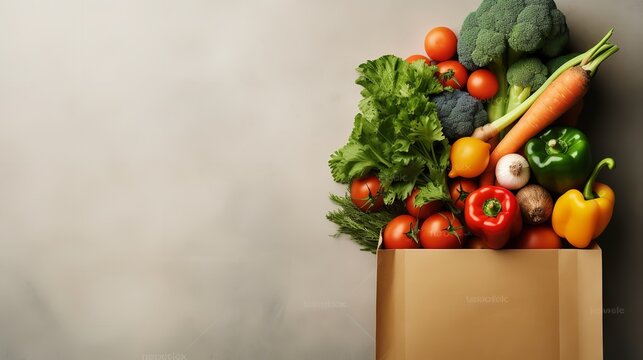 Top view of fresh vegetables in paper bag in a black surface with a big copy space, Generative AI.