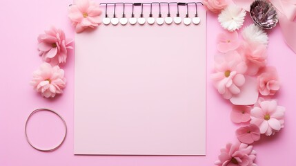 Top view of pink backdrop with a blank white notebook and a copy space, Generative AI.