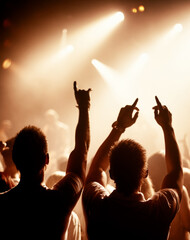 Friends, dancing and crowd or concert silhouette or live music performance or festival, rock or...