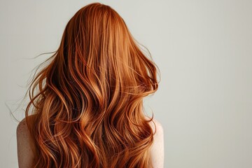 Viewed from behind, long red hair flows in naturally developing waves, space, Generative AI. - obrazy, fototapety, plakaty