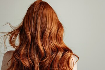 Viewed from behind, long red hair flows in naturally developing waves, space, Generative AI. - obrazy, fototapety, plakaty