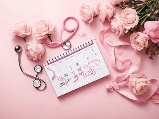 October's Pink Ribbon Campaign is here. Top view of the calendar and pink ribbon, stethoscope and eustoma flowers on pastel pink isolated background, perfect for text or advertising placement design.