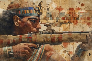 Egyptian soldier history. War history of Egyptian in watercolor colors Illustration. Egypt history watercolor paint Illustration. Horizontal format - obrazy, fototapety, plakaty