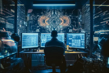 Man develops sophisticated neural network algorithm. Engineer enhances computational model efficiency in processing and interpreting complex datasets