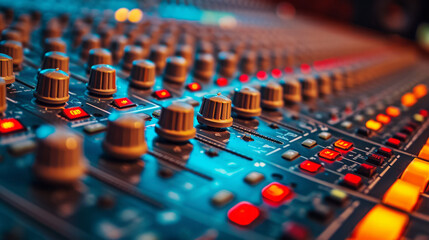 A close up view of sound mixer console in a recording studio - obrazy, fototapety, plakaty