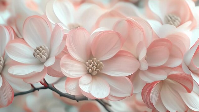 An elegant image depicting cherry blossoms blooming on a branch in soft shades of pink and white
