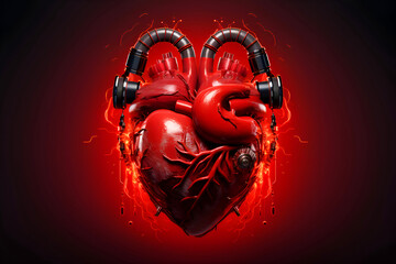 Human heart with headphones. 3d illustration on a dark background.