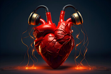 Human heart with headphones. 3d illustration on a dark background.