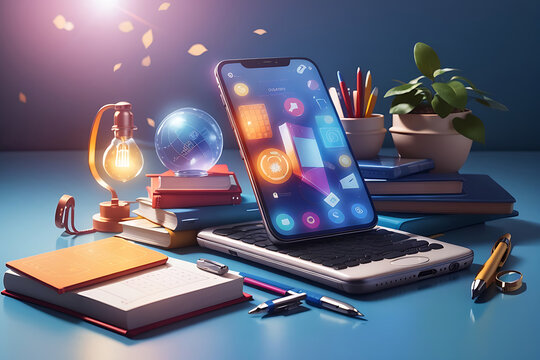 Online education. Remote access to lessons. Advertising of telephone educational programs, applications, and games. 3D smartphone, book, calendar, pen, light bulb. The modern way of learning design.