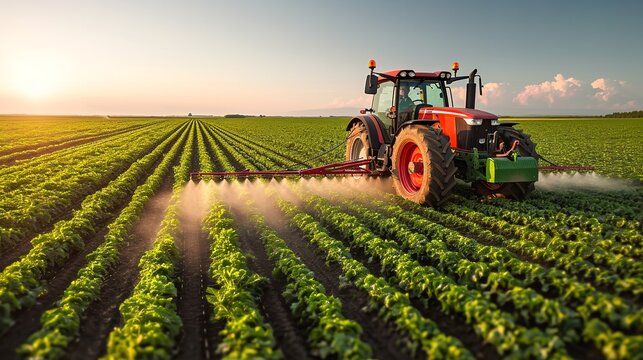 A farmer is applying fertilizer to a field using a tractor-mounted sprayer, space, Generative AI.