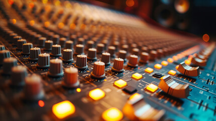Fototapeta premium A close up view of sound mixer console in a recording studio