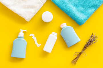 Child organic hygiene. Baby bath accessories and cosmetics, top view
