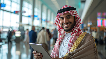Travelling Arabic man inside airport wearing traditional kandora thawb menswear - obrazy, fototapety, plakaty