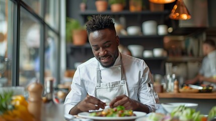 A happy African male chef having meal in restaurant with a big copy space, Generative AI. - obrazy, fototapety, plakaty