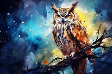 Badkamer foto achterwand An artistic rendering of an owl using watercolor paint. Generative AI © Frankie