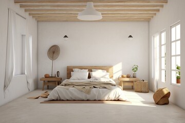 Comfortable bedroom in white farmhouse style with a wall mockup, visually rendered in 3D. Generative AI