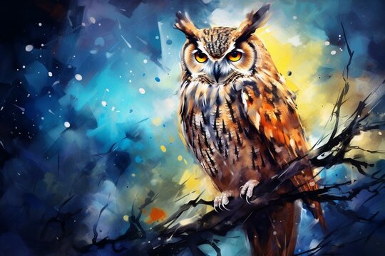 An artistic rendering of an owl using watercolor paint. Generative AI
