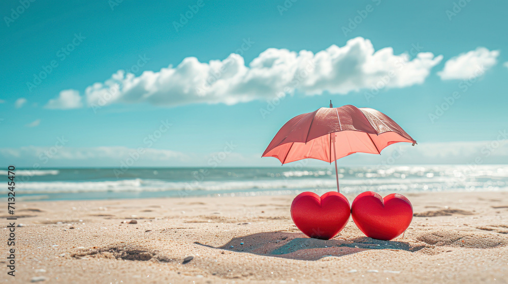 Canvas Prints Two red hearts in the sand on the sea background. Valentine's day postcard.