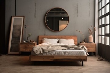 A bedroom with a wooden bed, a simple dresser, and a decorative mirror on the wall. Generative AI