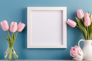Valentines' day concept with Fresh pink tulip bouquet flowers empty photo frame on white background with copy space.

