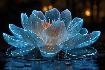 A lighted blue flower sitting on top of a table. Artificial glowing object, concept for a software visualization.