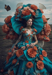 Obraz premium Fashion portrait of a young woman in fantasy dress in surreal settings. Ideal for fashion concepts, floral arrangements, beauty, elegance, and artistic designs.