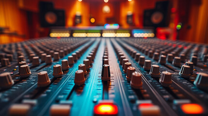 A close up view of sound mixer console in a recording studio