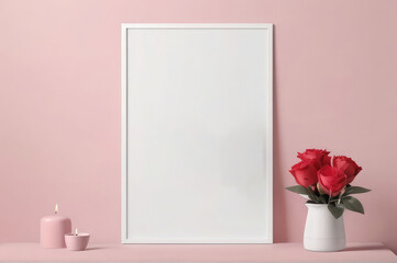  Close up of Blank picture frame mockup against pink background mockup with flower plant, vase poster mockup 
