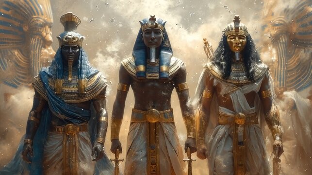Awe-Inspiring Depiction. Egyptian Gods Adorned in Plate Armor Amidst the Heavenly Clouds
