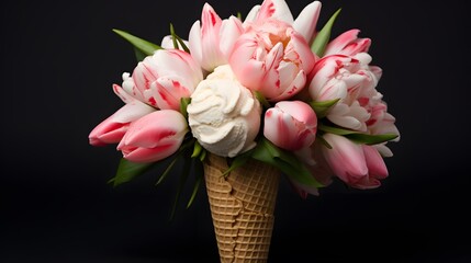 Ice-cream cone with pink tulips