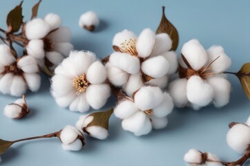 Branches of cotton flowers on blue background composition. cotton flowers background. flat lay, top view.
