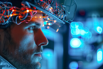 Man scientist analyzes brainwave data for conscious awareness. Technology provides valuable insights in mechanisms that govern various states of cognition - obrazy, fototapety, plakaty