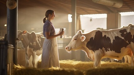 Girl farmer tending cows on a small rural farm high in the mountains. Environmentally friendly product. Homemade milk - obrazy, fototapety, plakaty