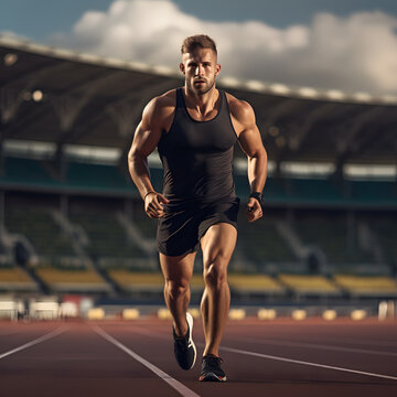 Young athlete running on the race track. Portrait of young runner in sports clothes isolated on sports track background.