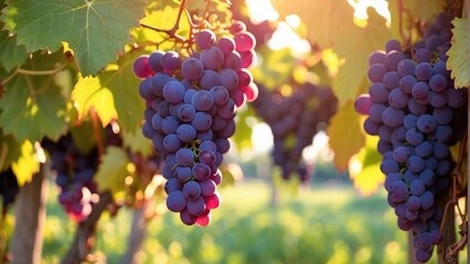 green and red grapes in the grape vineyard in the morning time with sunny day in field background photo - obrazy, fototapety, plakaty