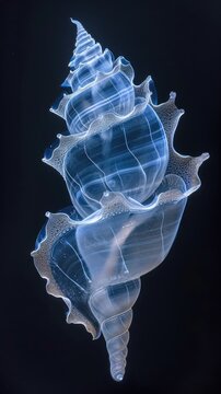 A close up of a shell on a black background. Monochromatic x-ray image on dark background