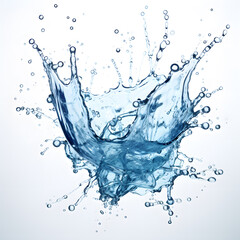 Blue water splashes isolated on white background. liquid splashing fluids with droplets.