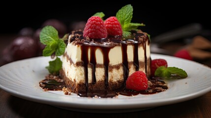 Professional food photography of Cheesecake with chocolate sauce