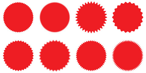 Starburst red sticker set - collection of special offer sale round and oval sunburst labels and buttons isolated on white background. Promotional sticky notes and labels. - obrazy, fototapety, plakaty