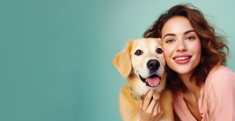 Young smiling cheerful satisfied owner woman with her best friend retriever wear casual clothes scratch and hug dog isolated on plain pastel light blue background studio. Take care about pet concept