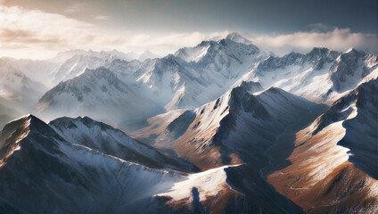 Group of snow-capped mountains from above during sunrise