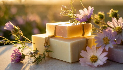 Fototapeta na wymiar Herbal soap bars with flowers and oil