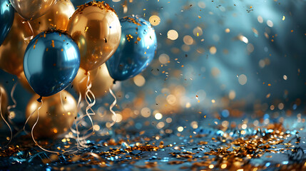 Holiday background with golden and blue balloons and confetti. 3D rendering. Happy Birthday card concept with copy space.