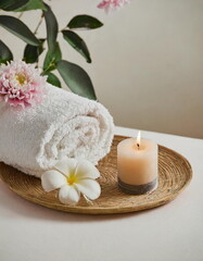 Obraz na płótnie Canvas Spa massage table, relax and healthcare concept
