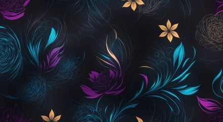 leaves and flowers in the night style for men`s prints. Seamless vector jungle wallpaper pattern black background, generative, AI