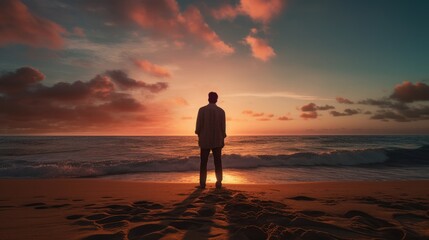 Fototapeta na wymiar Man Standing on Sandy Beach Next to Ocean in Daylight,Happy New Year