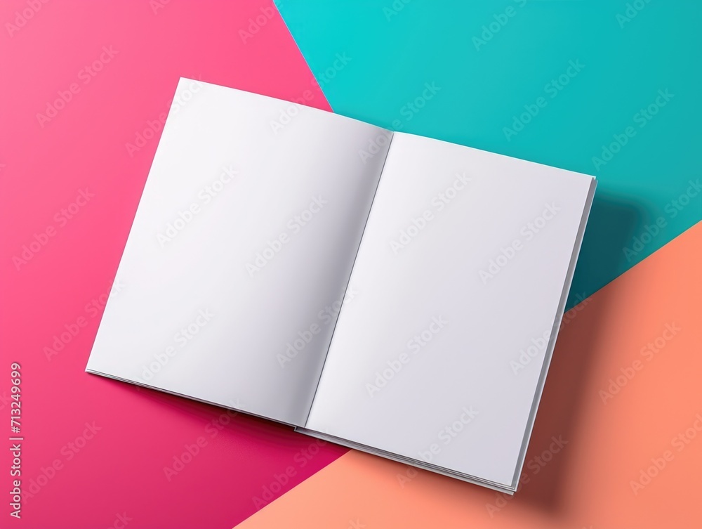 Poster an open book sitting on top of a colorful surface. notebook mockup on geometric paper pattern.
