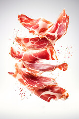 Slices of cured ham jamon Serrano Proscuitto, levitation floatinf food, white background..