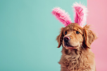 Portrait of a cute puppy wearing easter bunny ears. Happy easter concept